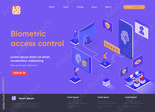 Biometric access control isometric landing page design. Fingerprint scan provides security access isometry concept. Biometrics identification flat web page. Vector illustration with people characters.
