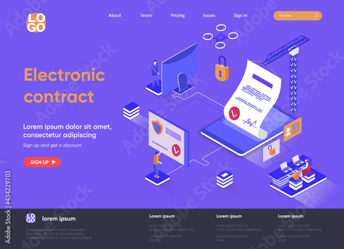 Electronic contract isometric landing page design. Online sign contract or documents technology isometry concept. Digital signature solution flat web page. Vector illustration with people characters.