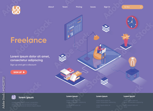 Freelance isometric landing page. Outsourcing services, home office isometry concept. Professional self employed occupation, remote workforce flat web page. Vector illustration with people characters.