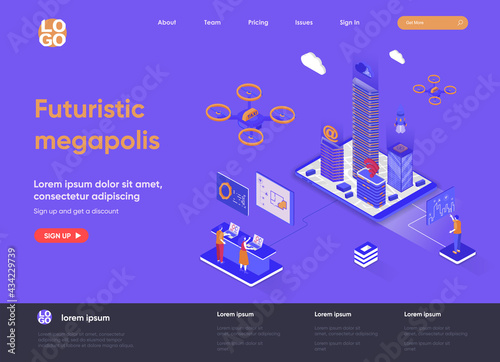 Futuristic megapolis isometric landing page design. Modern architecture and digital technologies isometry concept. Smart city, urban hitech flat web page. Vector illustration with people characters.