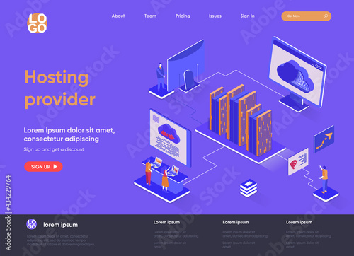 Hosting provider isometric landing page. Website hosting service isometry concept. Internet provider hardware and software technology flat design. Vector illustration with people characters.