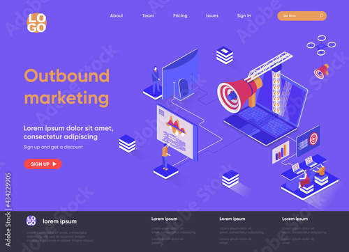 Outbound marketing isometric landing page. Online advertising and promotion in social media isometry concept. Outbound marketing activities flat web page. Vector illustration with people characters.