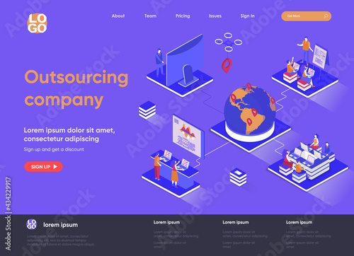 Outsourcing company isometric landing page. Remote workforce and freelancers recruiting isometry concept. Outsourcing software development service web page. Vector illustration with people characters.