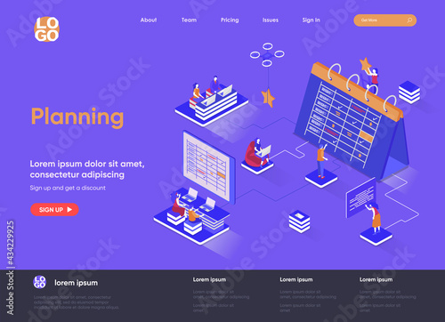 Planning isometric landing page. Business planning, organizing work activities and tasks isometry concept. Time management and high productivity flat design. Vector illustration with people characters