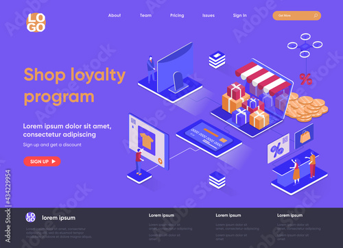 Shop loyalty program isometric landing page. Marketing strategy of attracting and retaining customers isometry concept. Online retail loyalty flat web page. Vector illustration with people characters.