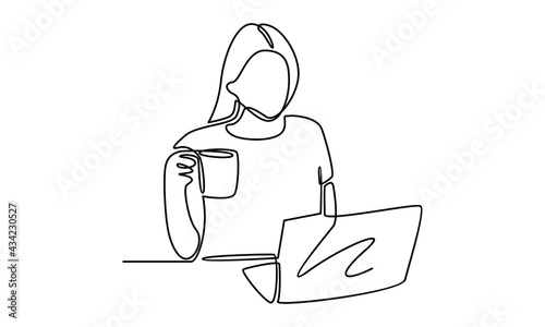 Continue line of woman working with laptop illustration
