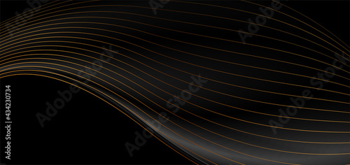 Black abstract tech luxury waves background with golden lines. Vector illustration