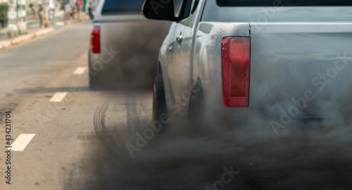 air pollution crisis in city from diesel vehicle exhaust pipe on road © toa555