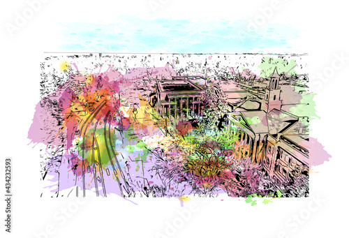 Building view with landmark of Fort Collins is a city in northern Colorado. Watercolor splash with hand drawn sketch illustration in vector.
