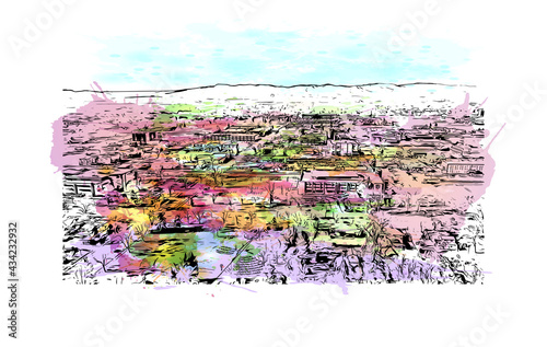 Building view with landmark of Fort Collins is a city in northern Colorado. Watercolor splash with hand drawn sketch illustration in vector.