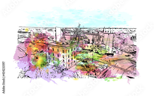 Building view with landmark of Fort Collins is a city in northern Colorado. Watercolor splash with hand drawn sketch illustration in vector.