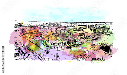 Building view with landmark of Fort Collins is a city in northern Colorado. Watercolor splash with hand drawn sketch illustration in vector.