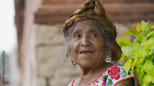 old indigenous Mexican woman smiling.grandmother woman with typical clothing, hand-woven. typical regional mexican clothing photo