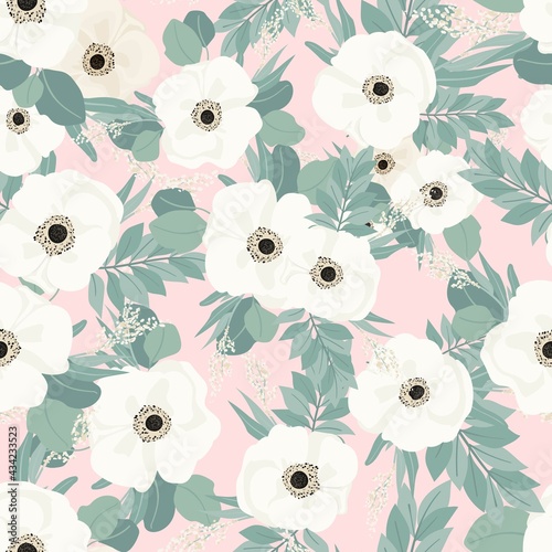 Seamless pattern. Set of bouquets of beautiful spring flowers. White flowers, leaves and branches. Flat isolated vector illustration. © iuvmiro