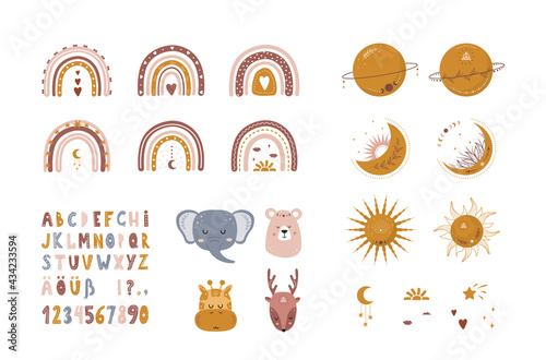 Set of boho elements rainbows, planets, moons, suns, animals. Cute hand drawn alphabet. Characters for nursery posters, cards, home decor, wallpaper. Vector illustration in flat cartoon style.