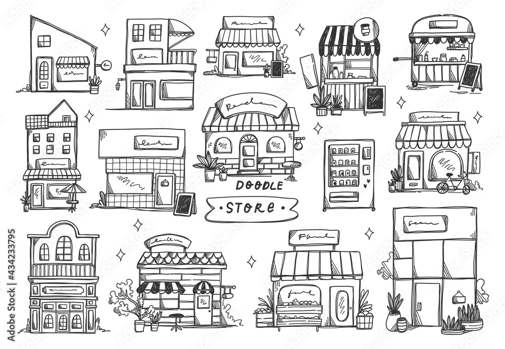 Set of hand drawn store front Set of hand drawn store front