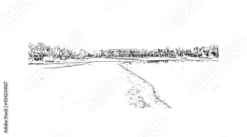 Building view with landmark of Fort Collins is a city in northern Colorado. Hand drawn sketch illustration in vector.
