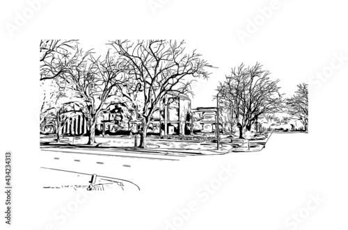 Building view with landmark of Fort Collins is a city in northern Colorado. Hand drawn sketch illustration in vector.