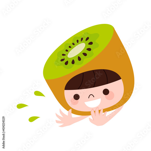 キウイフルーツの被り物をした子どものイラスト。新鮮な果汁を飛ばしてるキウイフルーツのキャラクター。