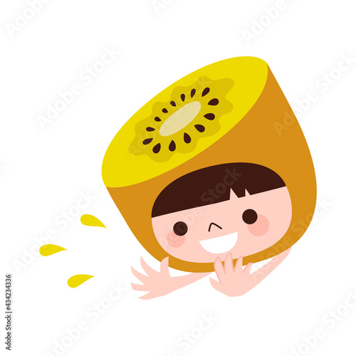 ゴールドのキウイフルーツの被り物をした子どものイラスト。新鮮な果汁を飛ばしてるキウイフルーツのキャラクター。