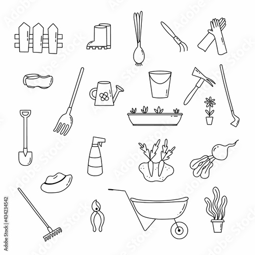 Large set with icons on theme of gardening and planting plants. Vector illustration in doodle style.