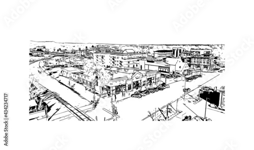 Building view with landmark of Fort Collins is a city in northern Colorado. Hand drawn sketch illustration in vector.