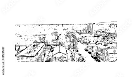 Building view with landmark of Fort Collins is a city in northern Colorado. Hand drawn sketch illustration in vector.