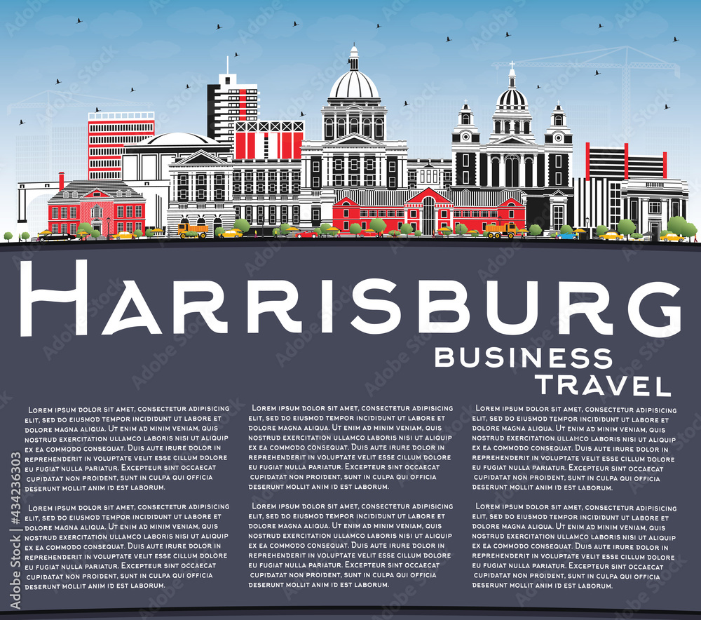 Harrisburg Pennsylvania City Skyline with Color Buildings, Blue Sky and Copy Space.
