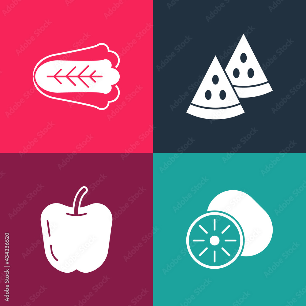Set pop art Kiwi fruit, Apple, Watermelon and Cabbage icon. Vector