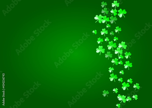 Clover background for Saint Patricks Day.  Lucky trefoil confetti. Glitter frame of shamrock leaves. Template for flyer, special business offer, promo. Decorative clover background.