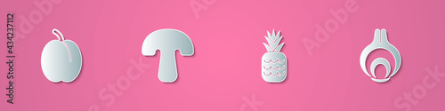 Set paper cut Plum fruit, Mushroom, Pineapple and Onion icon. Paper art style. Vector