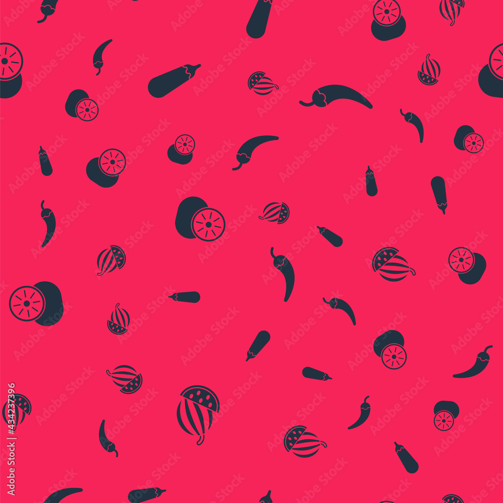 Set Watermelon, Eggplant, Kiwi fruit and Hot chili pepper pod on seamless pattern. Vector Set Watermelon, Eggplant, Kiwi fruit and Hot chili pepper pod on seamless pattern. Vector