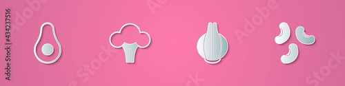 Set paper cut Avocado fruit, Broccoli, Onion and Beans icon. Paper art style. Vector
