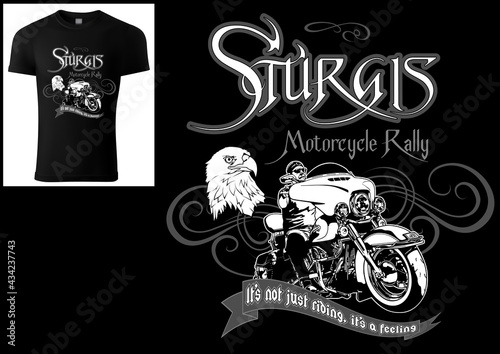 Black T-shirt Design Sturgis with Motorcycle - Black and White Illustration Isolated on Black Background, Vector