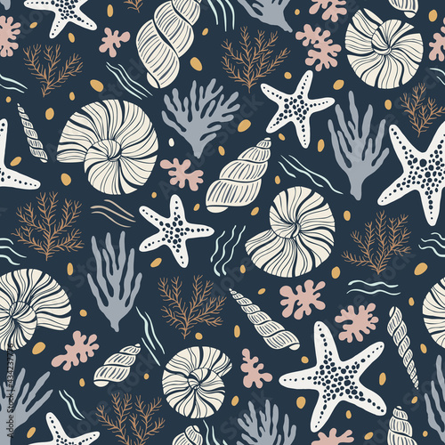 Hand-Drawn Sea Shells, Fossils, Starfish, Corals, Seaweeds, Waves Abstract Vector Seamless Pattern. Summer Beach Seaside Print. Ocean Fashion Textile Blue, Aqua Background. Seashore Elements Texture
