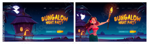 Bungalow night party website with woman and resort wooden house on background of sea, palm trees and dark sky with moon and stars. Vector landing page of summer beach party on ocean shore
