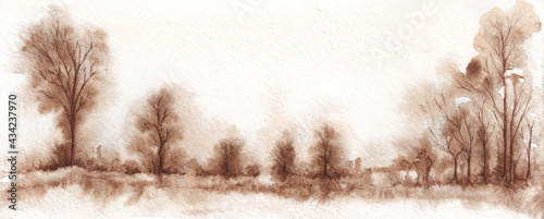 Nature banner template. Sepia colored landscape. Trees on white background. Watercolor painting on textured paper.