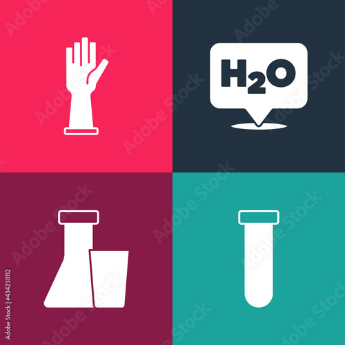 Set pop art Test tube and flask    Chemical formula for H2O and Medical rubber gloves icon. Vector