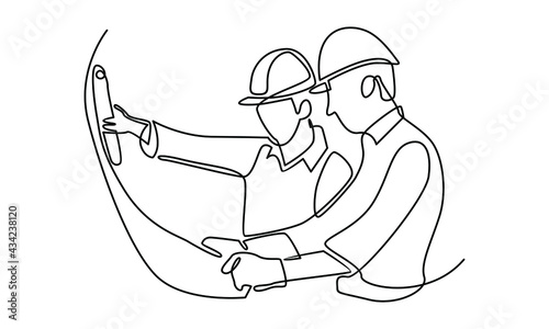 Continue line of young company manager do quality control to sketch draft blueprint design vector illustration
