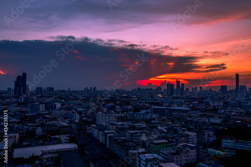 panoramic high-angle evening background of the city view,with natural beauty and blurred sunsets in the evening and the wind blowing all the time,showing the distribution of city center accommodation