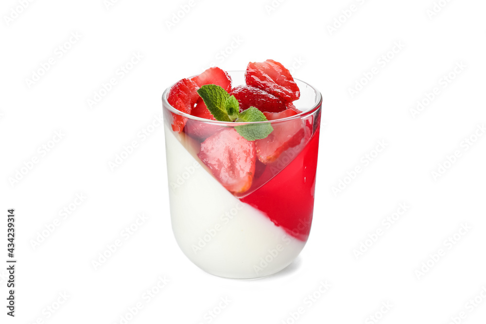 Glass of tasty strawberry jelly on white background Glass of tasty strawberry jelly on white background
