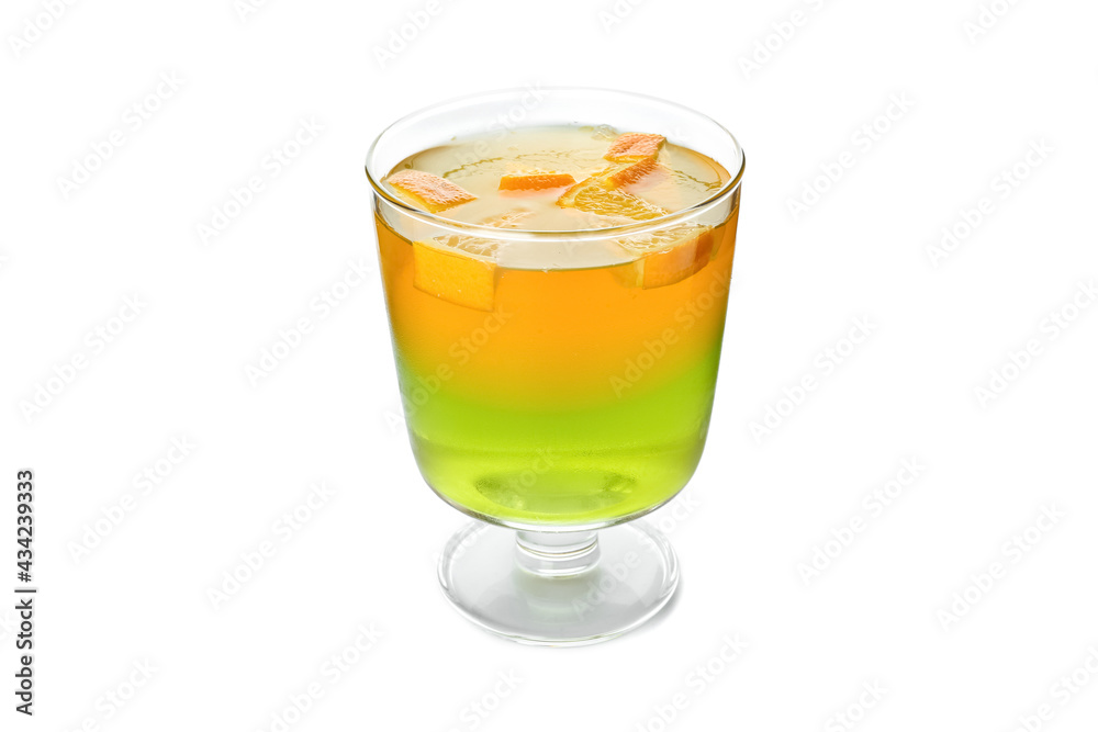 Glass of tasty fruit jelly on white background Glass of tasty fruit jelly on white background