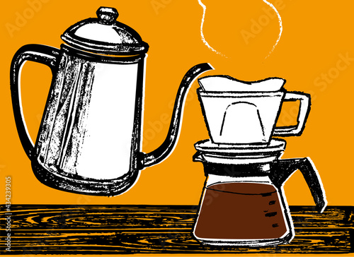 カフェタイムのイラスト素材。コーヒーをいれる豊かな時間。