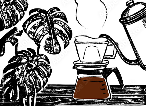 カフェタイムのイラスト素材。コーヒーをいれる豊かな時間。