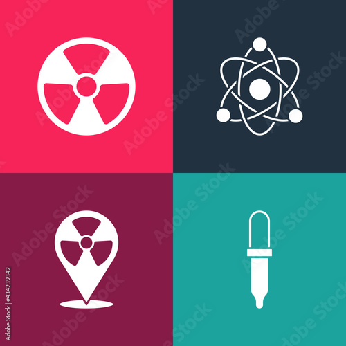 Set pop art Pipette, Radioactive in location, Atom and icon. Vector