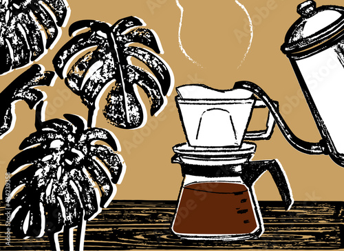 カフェタイムのイラスト素材。コーヒーをいれる豊かな時間。