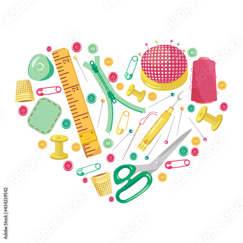 Frame on the theme of sewing in the shape of a heart on a white background.