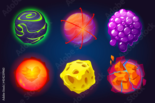 Fantastic planets, cartoon galaxy game asteroids. Cosmic world, alien space ui or gui design elements. Earth, satellite, cheese, cluster and toxic glow, comet explosion cracked surface, Vector set