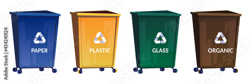 Trash bins for separate and recycle garbage. Containers for sort paper, glass, plastic and organic waste. Vector cartoon set of yellow, blue, green and brown trashcans isolated on white background