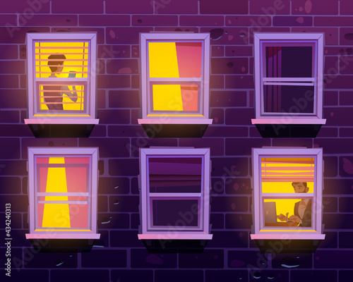 People in windows, private life in apartments, neighbors spend time with gadgets. Businessman work on laptop, boy use smartphone in home interior with glow light at evening Cartoon vector illustration